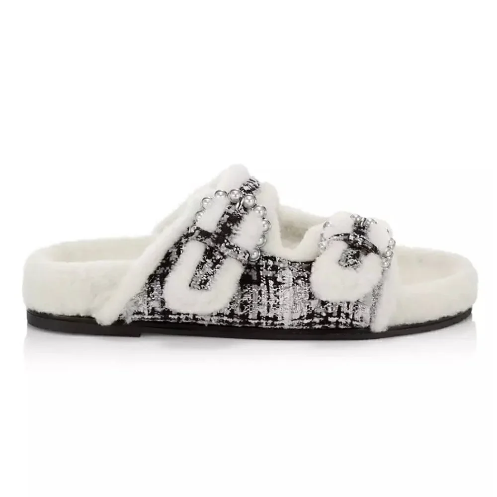 Stuart Weitzman Piper Chill Shearling Lined Tweed Pearl Slides White Black 8